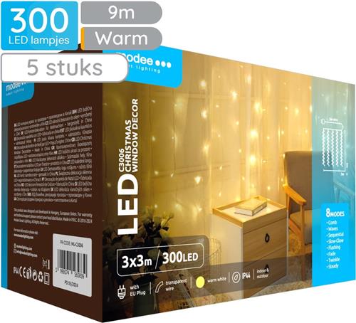 Modee Lichtgordijn 3x3 Meter - Kerstverlichting voor Buiten en Binnen - 300 LED Lampjes - 8 Lichtstanden - IP44 - 2700K - Warm Wit Licht - 5 stuks