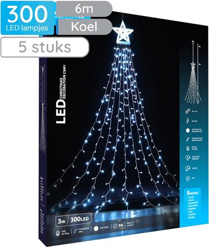 Modee Lichtsnoer Kerstboom met Ster 3 Meter - Kerstverlichting voor Buiten en Binnen - 300 LED Lampjes - 8 Lichtstanden - IP44 - 10.000K - Koud Wit Licht - 5 stuks