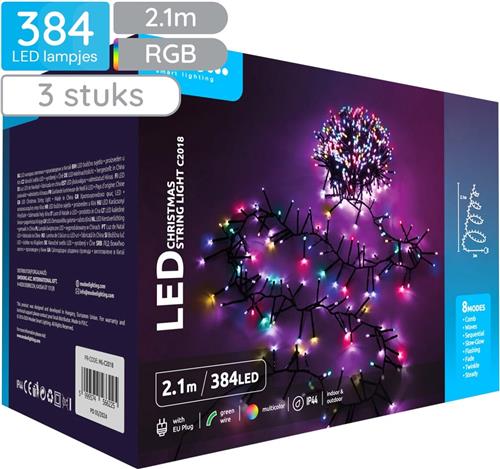 Modee Lichtsnoer Kerst 2.1 Meter - Kerstverlichting voor Buiten en Binnen - 384 LED Lampjes - 8 Lichtstanden - IP44 - Gekleurd Licht RGB - 3 stuks