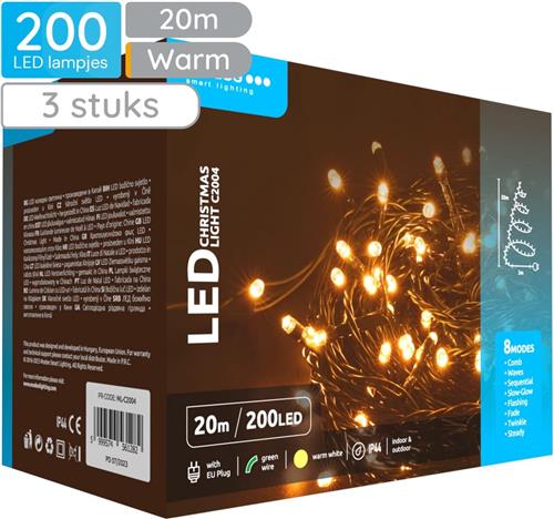 Modee Lichtsnoer Kerst 20 Meter - Kerstverlichting voor Buiten en Binnen - 200 LED Lampjes 8 Lichtstanden - IP44 - 2550K - Warm Wit Licht - 3 stuks