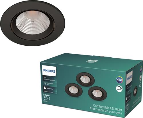 Philips Sparkle Inbouwspot - Dimbaar met dimschakelaar - 5.5W - Warmwit licht - Zwart - Multi-pack 3 stuks