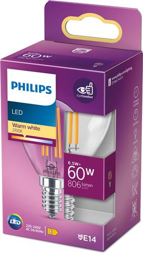 Philips LED Kogellamp Transparant - 60 W - E14 - warmwit licht