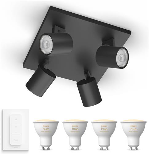 Philips Hue Runner Opbouwspot (Zwart) - Warmwit Licht - Incl. Hue Dimmer Switch - Plafondspot met 4 Lichtpunten - GU10 - Hue White