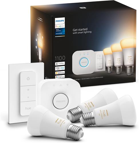 Philips Hue starterkit - warm tot koelwit licht - 3 lampen - E27 - 1100lm - 1 dimmer switch