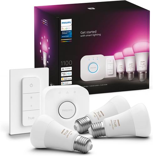 Philips Hue starterkit - wit en gekleurd - 3 lampen - E27 - 1100lm - 1 dimmer switch