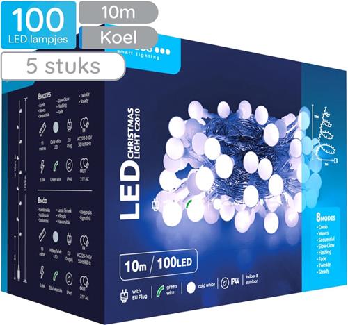 Modee Lichtsnoer Kerst 10 Meter - Kerstverlichting voor Buiten en Binnen - 100 LED Lampjes 8 Lichtstanden - IP44 - 10.000K - Koud Wit Licht - 5 stuks