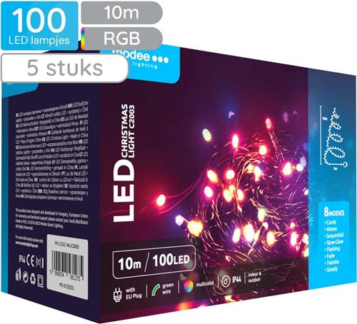 Modee Lichtsnoer Kerst 10 Meter - Kerstverlichting voor Buiten en Binnen - 100 LED Lampjes 8 Lichtstanden - IP44 - Gekleurd Licht RGB - 5 stuks