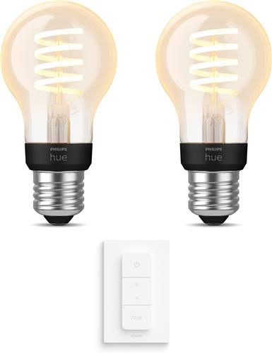 Philips Hue Uitbreidingspakket - E27 - met 2 Filament Standaard Lampen (A60) - Warmwit Licht - Incl. 1 Hue Dimmer Switch - Hue White Filament