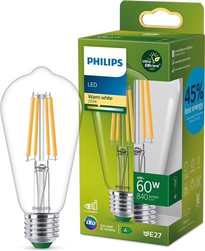 Philips Ultra Efficient LED lamp Edison Transparant - 60 W - E27 - Warmwit licht