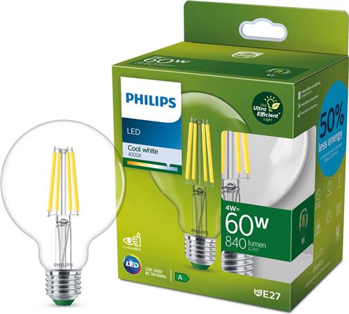 Philips Ultra Efficient LED lamp Globe Transparant - 60 W - E27 - Koelwit licht