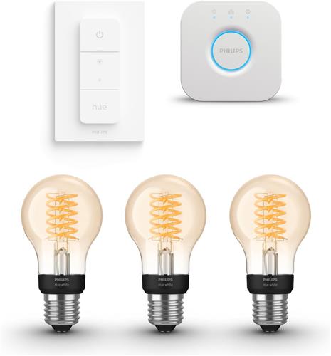 Philips Hue Starterspakket - E27 - met 3 Filament Standaard Lampen (A60) - Warmwit Licht - Incl. 1 Hue Bridge, 1 Hue Dimmer Switch - Hue White Filament