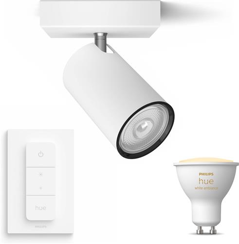 Philips Hue Kosipo Opbouwspot (Wit) - Warm tot Koelwit Licht - Incl. Hue Dimmer Switch - Wandspot of Plafondspot met 1 Lichtpunt - GU10 - Hue White Ambiance