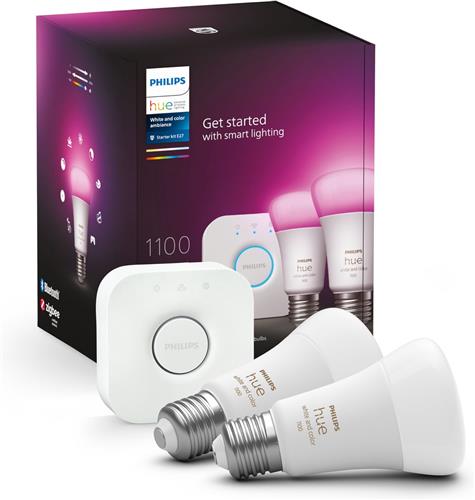 Philips Hue starterkit - wit en gekleurd licht - 2 x 9W - E27 - 1100lm - met Bridge