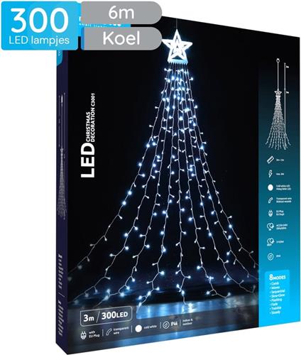 Modee Lichtsnoer Kerstboom met Ster 3 Meter - Kerstverlichting voor Buiten en Binnen - 300 LED Lampjes - 8 Lichtstanden - IP44 - 10.000K - Koud Wit Licht - Per stuk