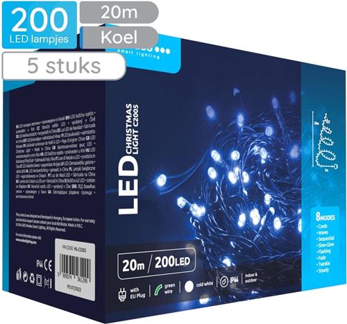 Modee Lichtsnoer Kerst 20 Meter - Kerstverlichting voor Buiten en Binnen - 200 LED Lampjes 8 Lichtstanden - IP44 - 10.000K - Koud Wit Licht - 5 stuks