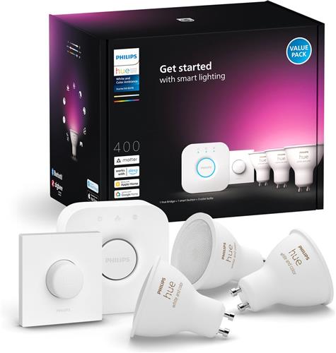 Philips Hue starterkit - wit en gekleurd licht - 3 lampen - 1 smart button - GU10