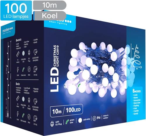 Modee Lichtsnoer Kerst 10 Meter - Kerstverlichting voor Buiten en Binnen - 100 LED Lampjes 8 Lichtstanden - IP44 - 10.000K - Koud Wit Licht - Per stuk