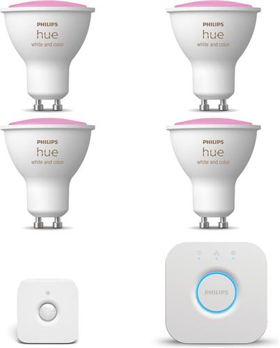 Philips Hue Starterspakket - GU10 - met 4 Spotjes - Wit en Gekleurd Licht - Incl. 1 Hue Bridge, 1 Hue Bewegingssensor voor Binnen - Hue White and Color Ambiance