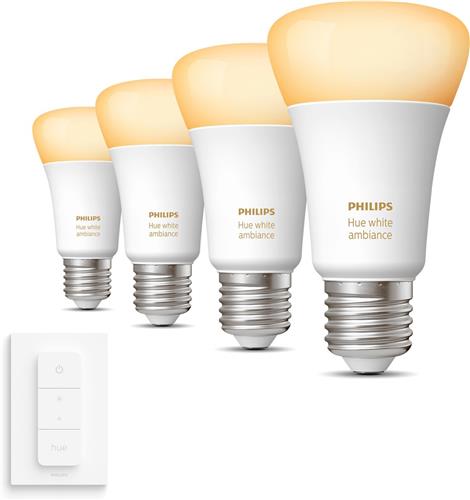 Philips Hue Uitbreidingspakket - E27 - met 4 Standaard Lampen - Warm tot Koelwit Licht - Incl. 1 Hue Dimmer Switch - Hue White Ambiance