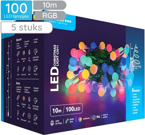 Modee Lichtsnoer Kerst 10 Meter - Kerstverlichting voor Buiten en Binnen - 100 LED Lampjes 8 Lichtstanden - IP44 - Gekleurd Licht RGB - 5 stuks