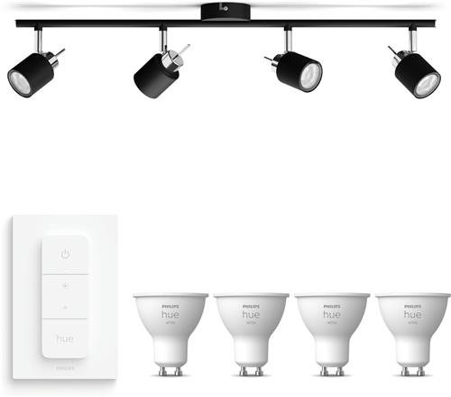 Philips Hue Meranti Opbouwspot (Zwart) - Warmwit Licht - Incl. Hue Dimmer Switch - Plafondspot met 4 Lichtpunten - GU10 - Hue White