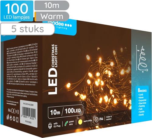 Modee Lichtsnoer Kerst 10 Meter - Kerstverlichting voor Buiten en Binnen - 100 LED Lampjes 8 Lichtstanden - IP44 - 2550K - Warm Wit Licht - 5 stuks