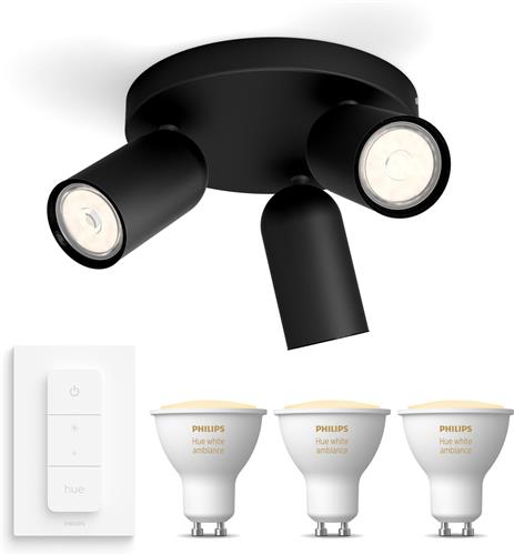 Philips Hue Pongee Opbouwspot (Zwart) - Warm tot Koelwit Licht - Incl. Hue Dimmer Switch - Plafondspot met 3 Lichtpunten - GU10 - Hue White Ambiance