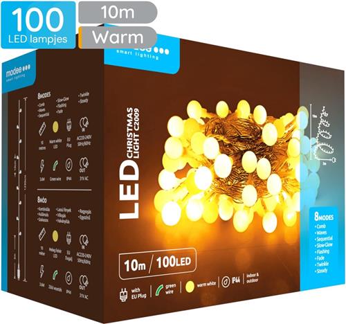 Modee Lichtsnoer Kerst 10 Meter - Kerstverlichting voor Buiten en Binnen - 100 LED Lampjes 8 Lichtstanden - IP44 - 2550K - Warm Wit Licht - Per stuk