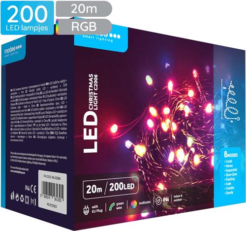 Modee Lichtsnoer Kerst 20 Meter - Kerstverlichting voor Buiten en Binnen - 200 LED Lampjes 8 Lichtstanden - IP44 - Gekleurd Licht RGB - Per stuk