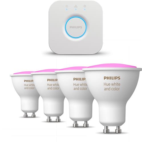 Philips Hue Starterspakket - GU10 - met 4 Spotjes - Wit en Gekleurd Licht - Incl. 1 Hue Bridge - Hue White and Color Ambiance