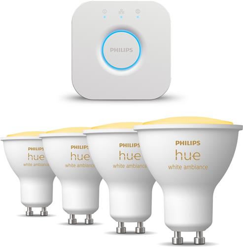 Philips Hue Starterspakket - GU10 - met 4 Spotjes - Warm tot Koelwit Licht - Incl. 1 Hue Bridge - Hue White Ambiance