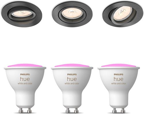 Philips Hue Donegal Set van 3 Inbouwspots (Antraciet) - Rond - GU10 - Wit en Gekleurd Licht - Hue White and Color Ambiance