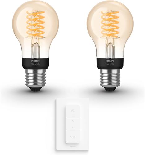 Philips Hue Uitbreidingspakket - E27 - met 2 Filament Standaard Lampen - Warmwit Licht - Incl. 1 Hue Dimmer Switch - Hue White Ambiance Filament