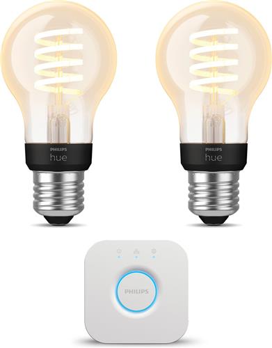 Philips Hue Starterspakket - E27 - met 2 Filament Standaard Lampen (A60) - Warm tot Koelwit Licht - Incl. 1 Hue Bridge - Hue White Ambiance Filament