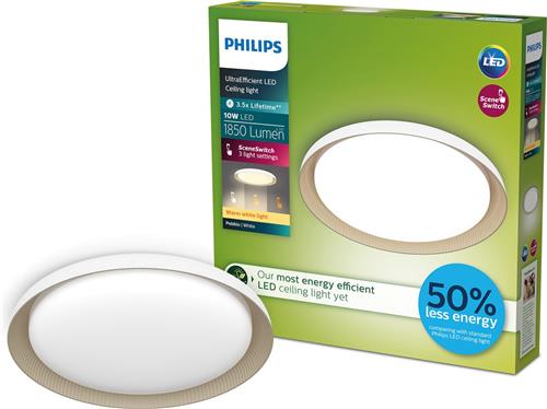 Philips Pebblo plafondlamp - Ultra Efficient - SceneSwitch lichttechnologie - 10W - Warmwit licht - Wit met goud design - Bespaar op energiekosten