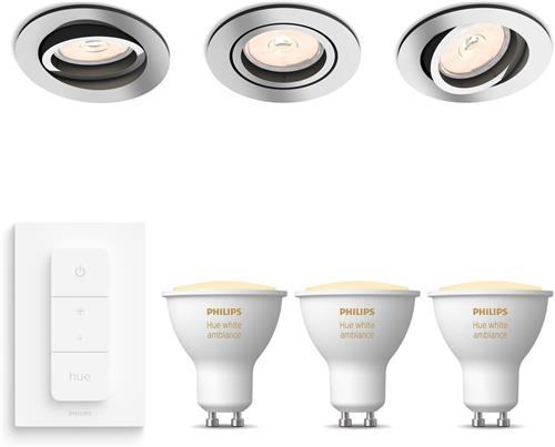 Philips Hue Donegal Set van 3 Inbouwspots (Chroom) - Rond - GU10 - Warm tot Koelwit Licht - Incl. Hue Dimmer Switch - Hue White Ambiance