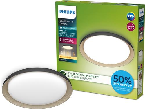 Philips Pebblo plafondlamp - Ultra Efficient - SceneSwitch lichttechnologie - 10W - warmwit licht - Zwart met goud design - Bespaar op energiekosten