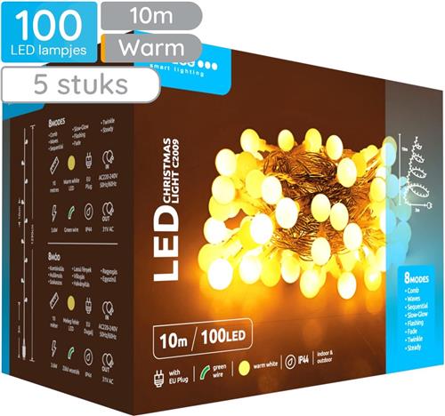 Modee Lichtsnoer Kerst 10 Meter - Kerstverlichting voor Buiten en Binnen - 100 LED Lampjes 8 Lichtstanden - IP44 - 2550K - Warm Wit Licht - 5 stuks