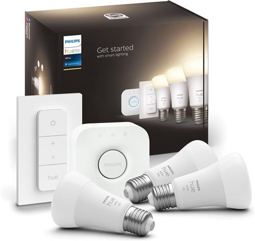 Philips Hue starterkit - zachtwit licht - 3 lampen - E27 - 1100lm - 1 dimmer switch