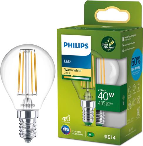 Philips Ultra Efficient LED kogellamp Transparant - 40 W - E14 - Warmwit licht - Energielabel A