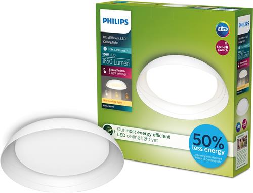 Philips Fleta plafondlamp - Ultra Efficient - SceneSwitch lichttechnologie - 10W - Warmwit licht - Wit design - Bespaar op energiekosten