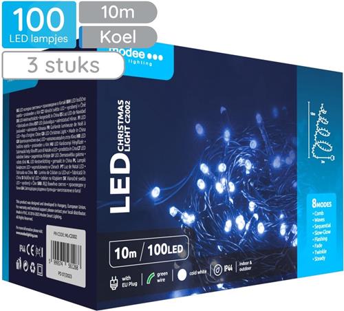 Modee Lichtsnoer Kerst 10 Meter - Kerstverlichting voor Buiten en Binnen - 100 LED Lampjes 8 Lichtstanden - IP44 - 10.000K - Koud Wit Licht - 3 stuks