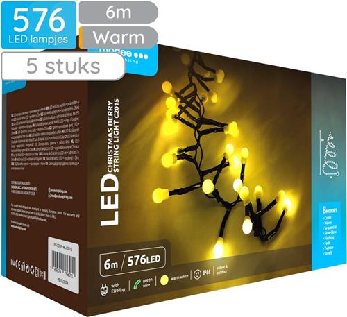 Modee Lichtsnoer Kerst 6 Meter - Kerstverlichting voor Buiten en Binnen - 576 LED Lampjes - 8 Lichtstanden - IP44 - 2700K - Warm Wit Licht - 5 stuks