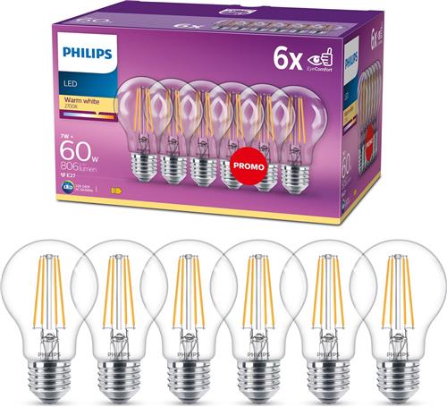 Philips energiezuinige LED Lamp Transparant - 60 W - E27 - warmwit licht - 6 stuks - Bespaar op energiekosten