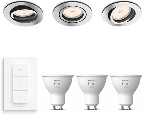 Philips Hue Donegal Set van 3 Inbouwspots (Chroom) - Rond - GU10 - Warmwit Licht - Incl. Hue Dimmer Switch - Hue White