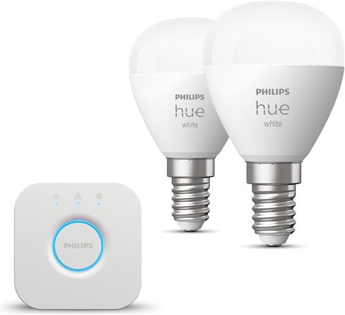 Philips Hue Starterspakket - E14 - met 2 Kogellampen - Warmwit Licht - Incl. 1 Hue Bridge - Hue White