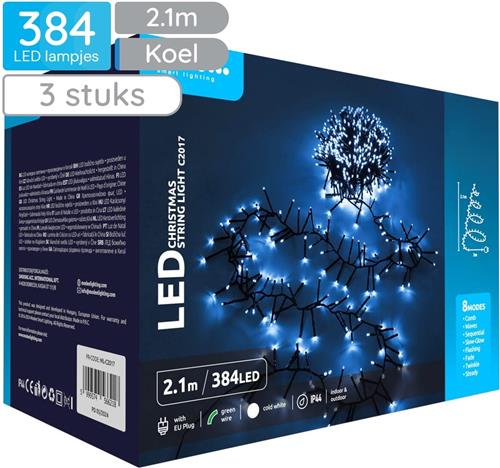 Modee Lichtsnoer Kerst 2.1 Meter - Kerstverlichting voor Buiten en Binnen - 384 LED Lampjes - 8 Lichtstanden - IP44 - 10.000K - Koud Wit Licht - 3 stuks