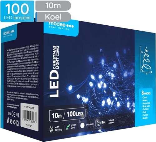 Modee Lichtsnoer Kerst 10 Meter - Kerstverlichting voor Buiten en Binnen - 100 LED Lampjes 8 Lichtstanden - IP44 - 10.000K - Koud Wit Licht - Per stuk