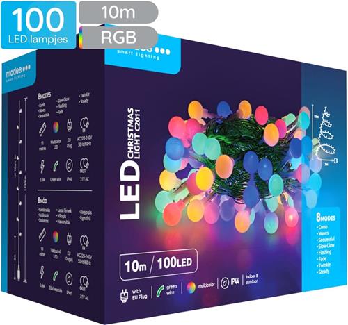 Modee Lichtsnoer Kerst 10 Meter - Kerstverlichting voor Buiten en Binnen - 100 LED Lampjes 8 Lichtstanden - IP44 - Gekleurd Licht RGB - Per stuk