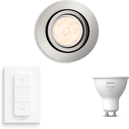 Philips Hue Donegal Inbouwspot (Mat Chroom) - Rond - GU10 - Warmwit Licht - Incl. Hue Dimmer Switch - Hue White